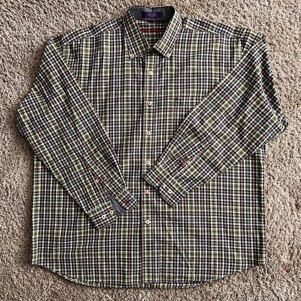 Alan Flusser Men’s XL Plaid Button-Down Shirt 100% Cotton Casual Dress